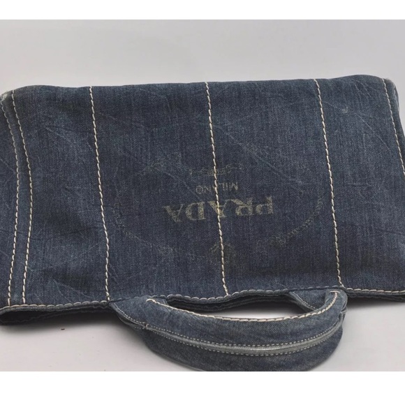 Authentic PRADA Canapa Large Canvas Tote Hand Bag Denim Blue - Picture 5 of 13